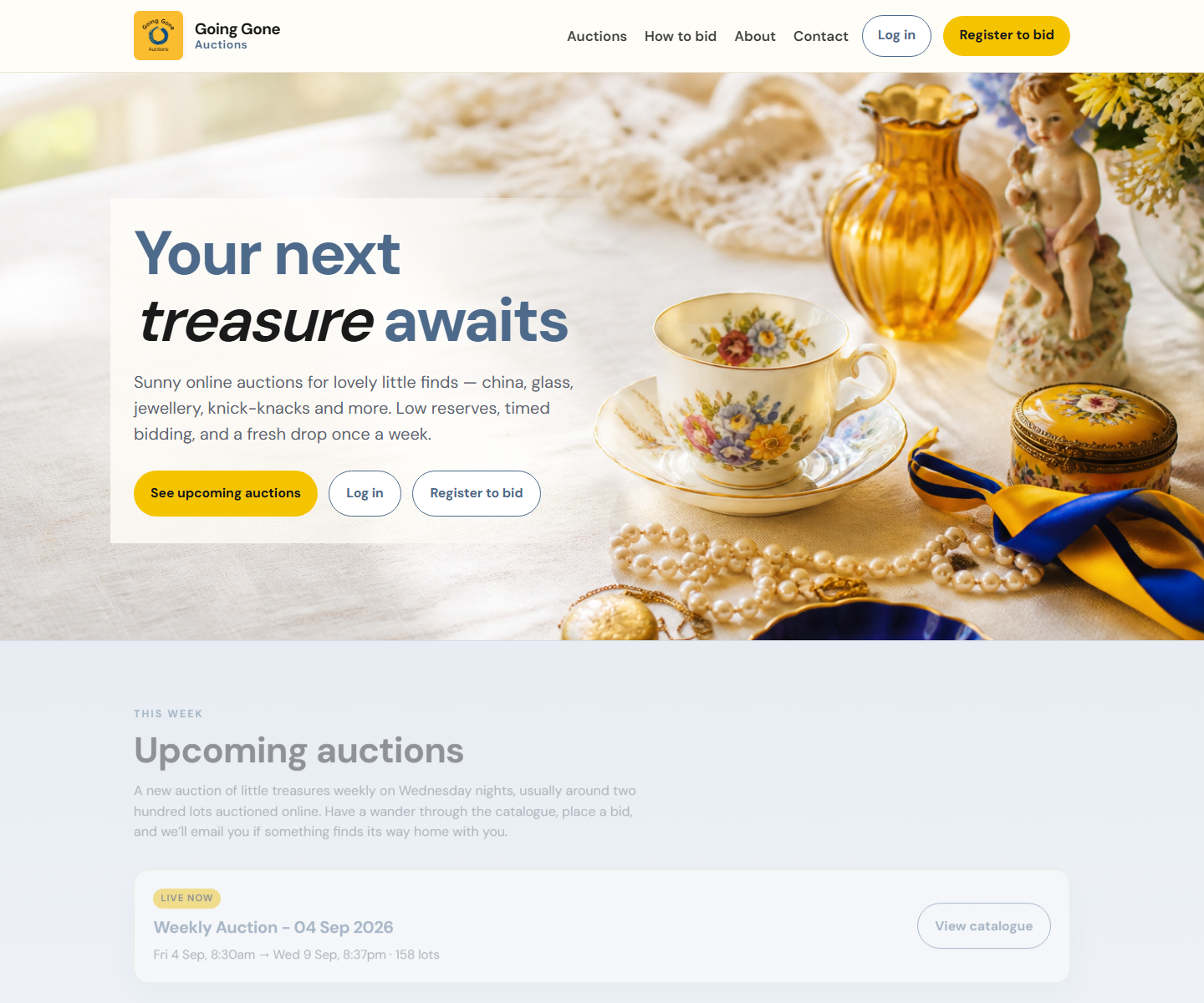 Going Gone homepage with live weekly auction card
