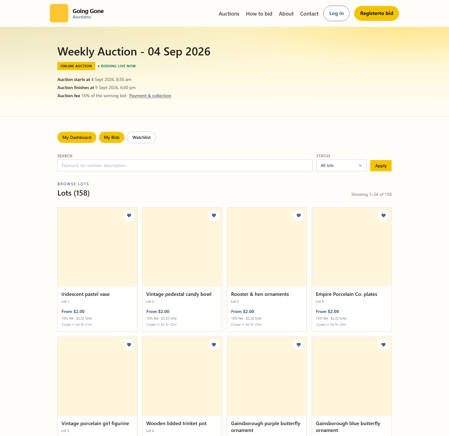 Public catalogue grid with 158 lots, search, and live bidding